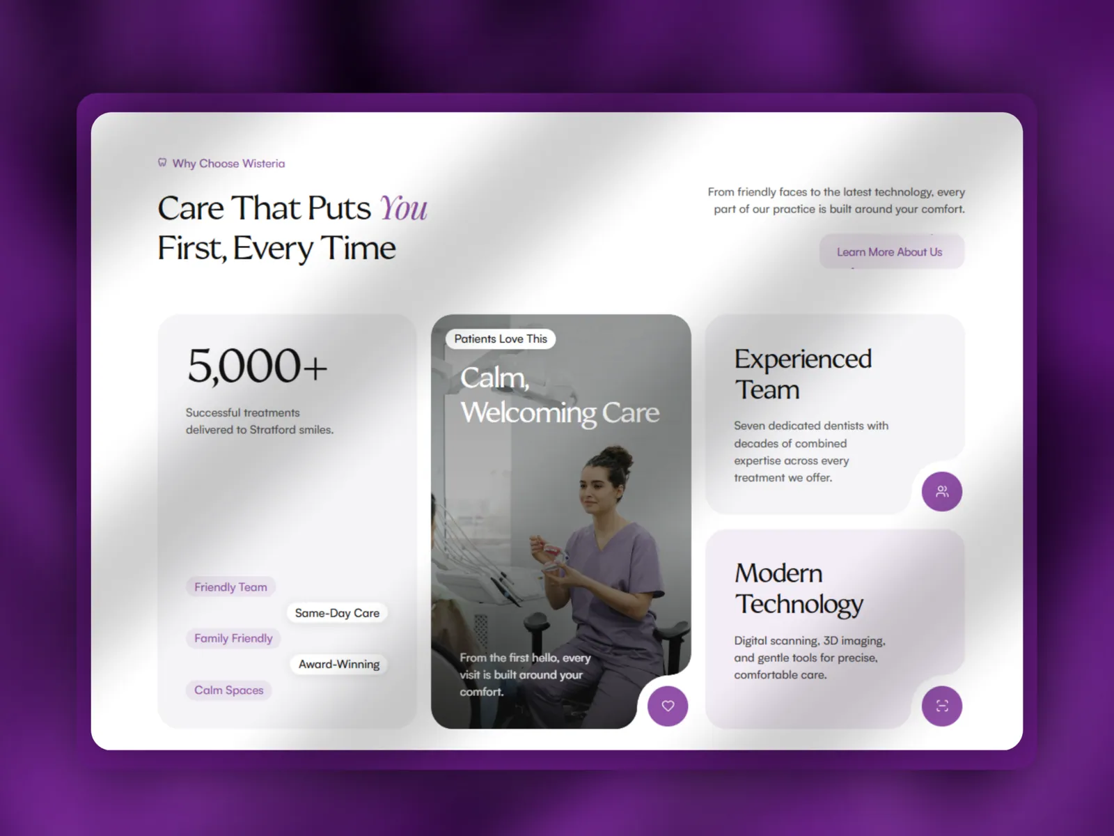 Bento section pairing the warm serif headings, rounded photography and purple accent