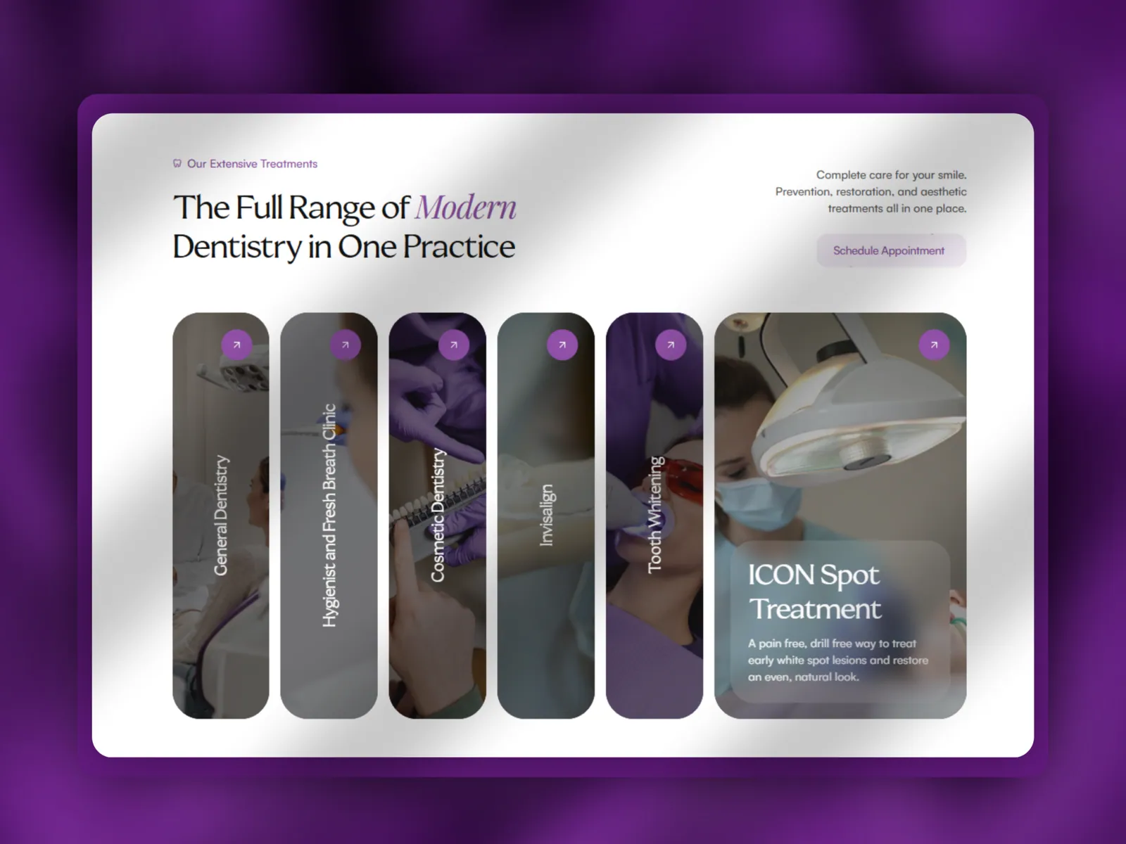 The full range of dental treatments gathered on one page of the dental practice concept