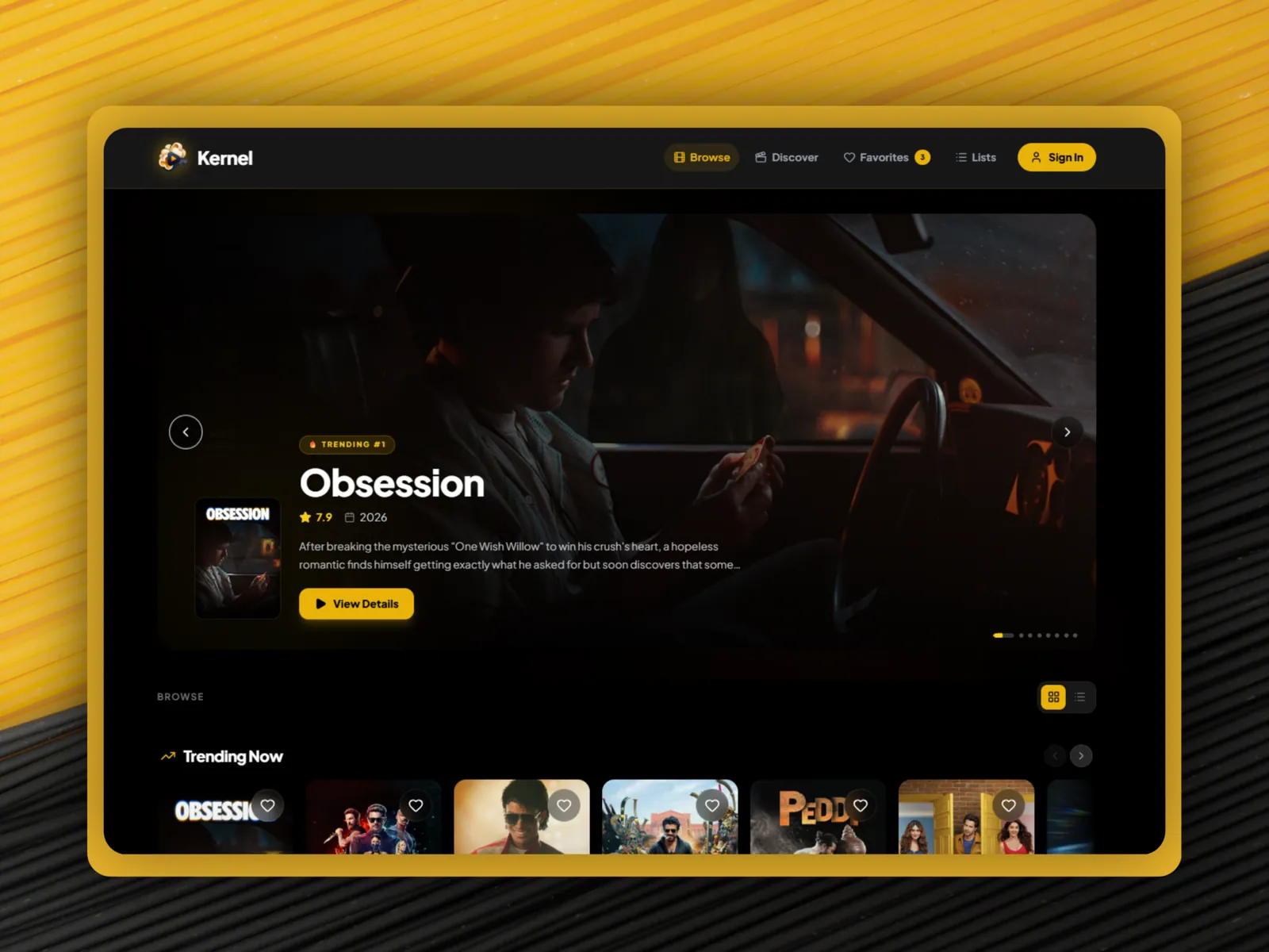 The Kernel home screen with the film Obsession featured as trending