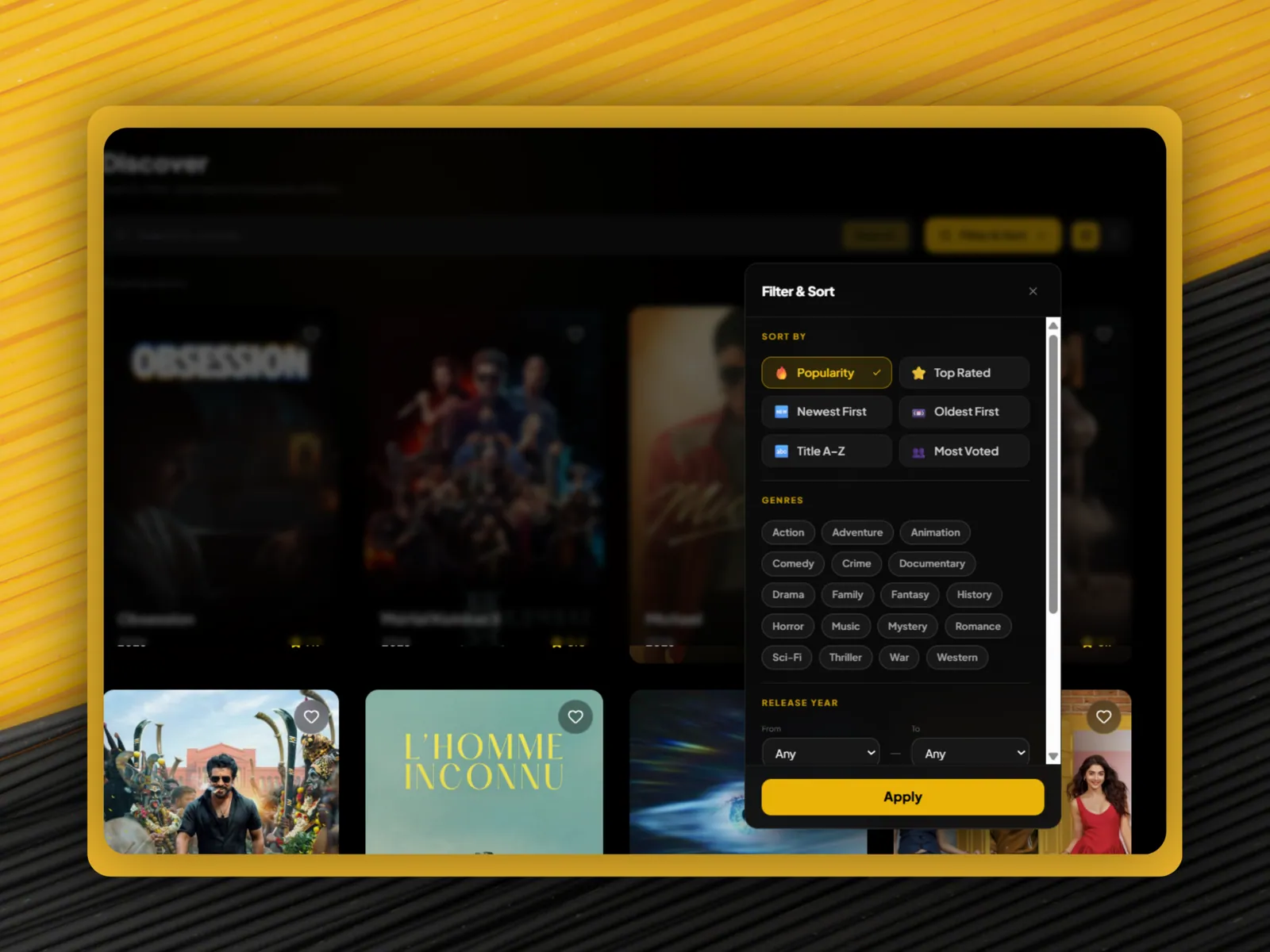 The Discover screen with a filter and sort panel open over the film grid