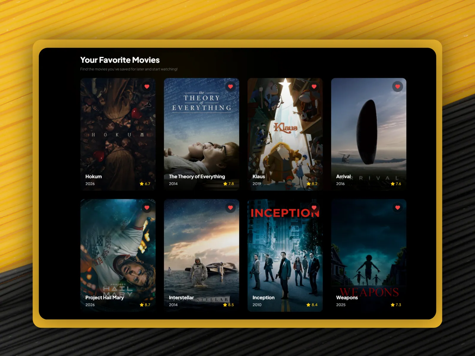 The Favourites screen, a grid of saved film posters