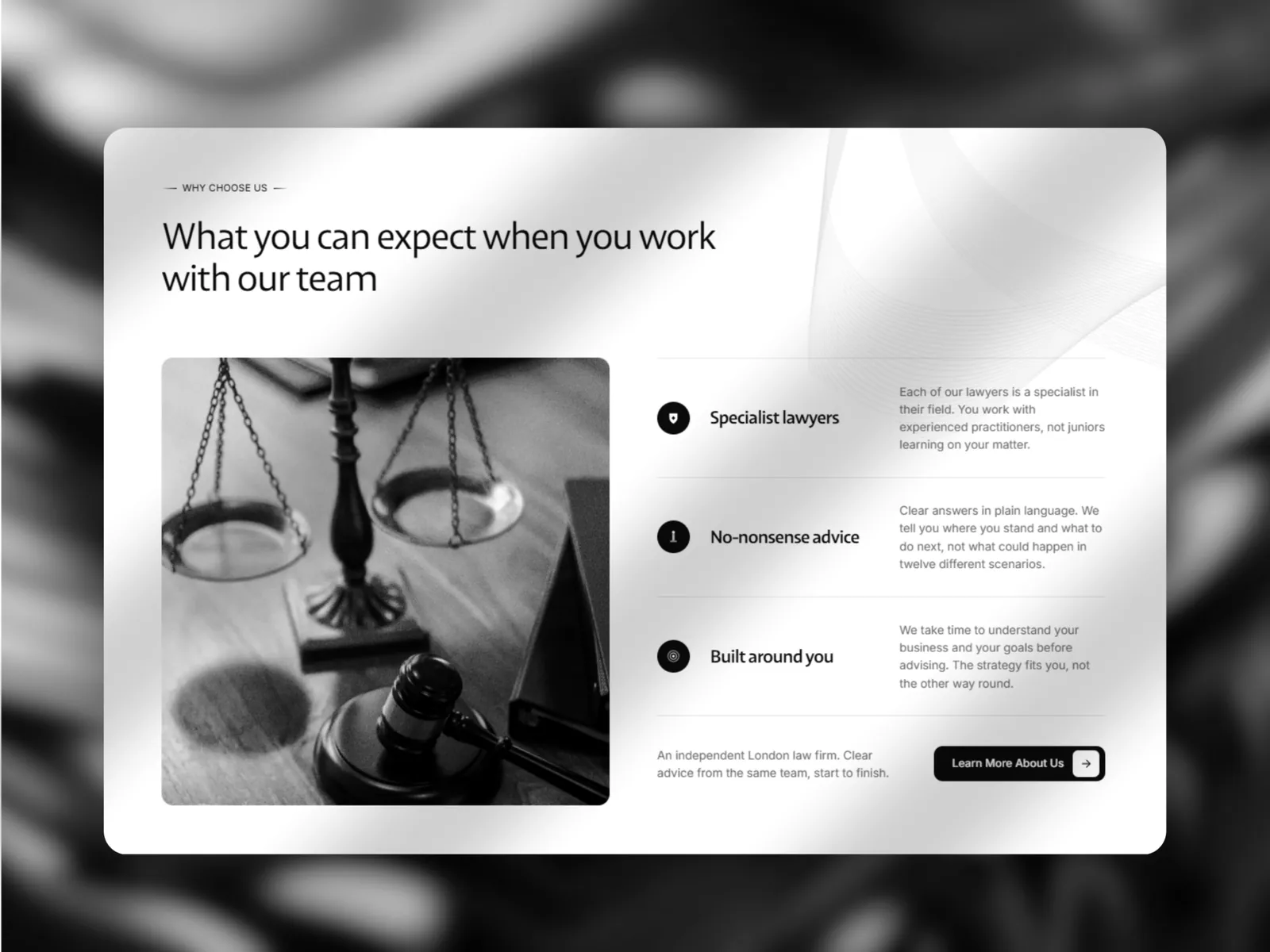The why choose us section listing specialist lawyers, no-nonsense advice and being built around the client