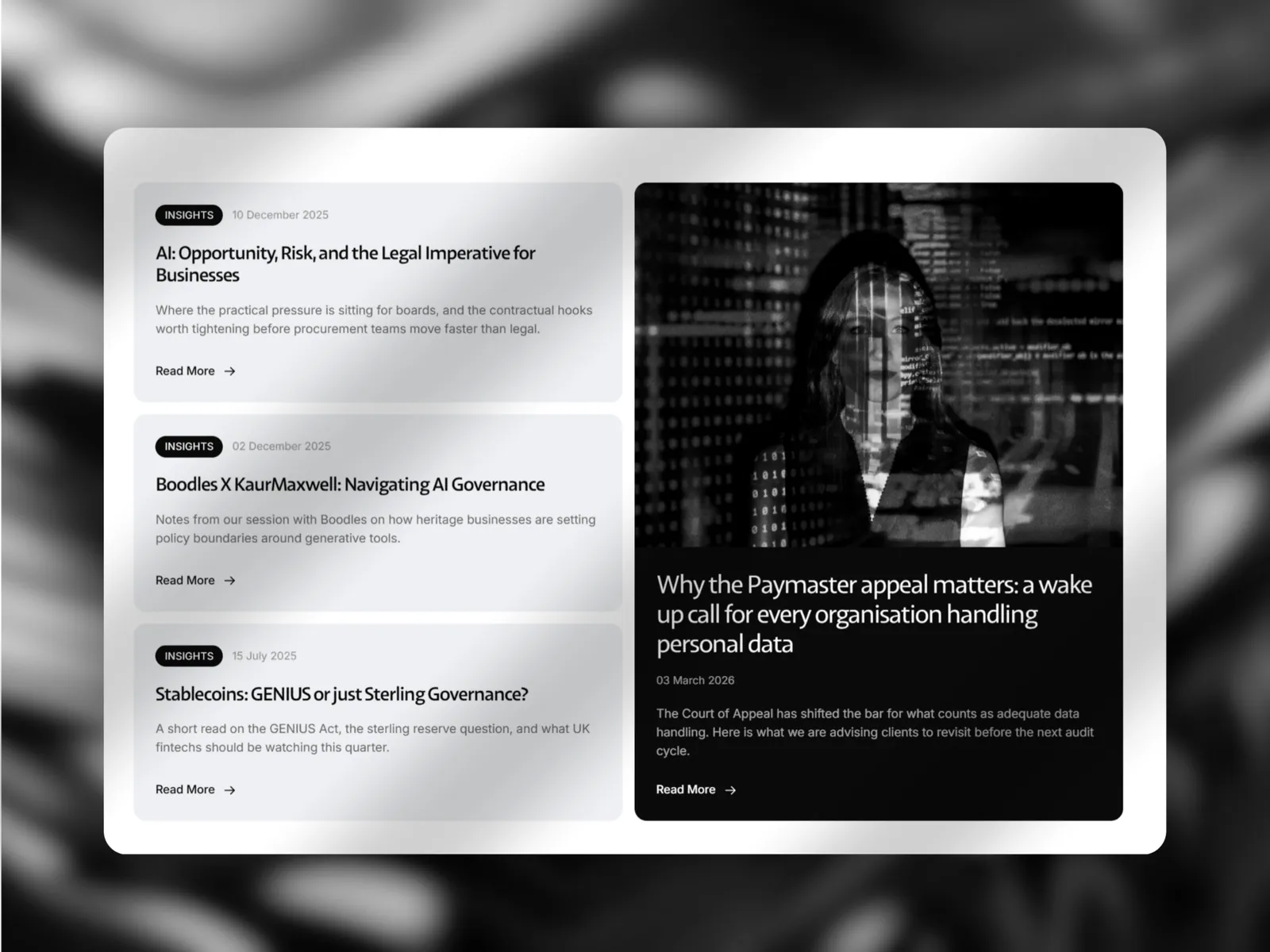 The insights section with articles on AI governance, stablecoins and data law