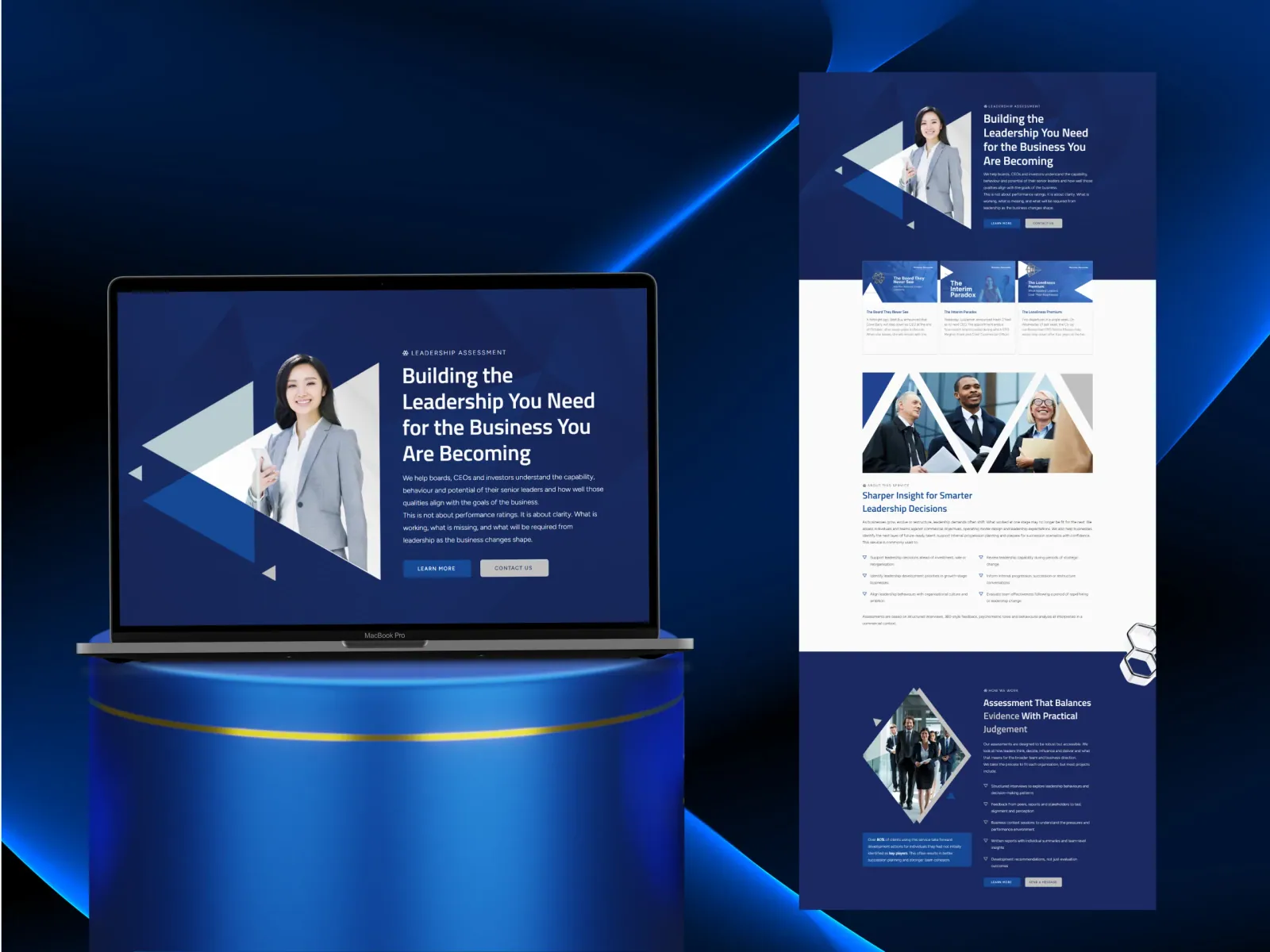 The leadership assessment service page, built out in full