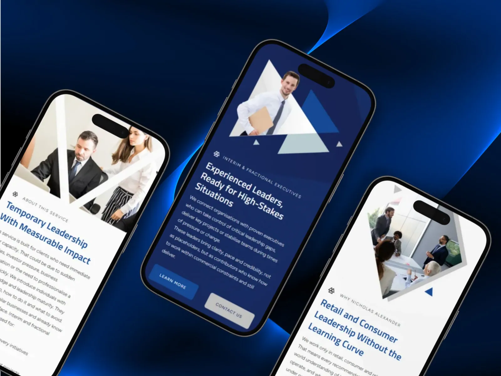 Three phones showing the interim, fractional and retail leadership services