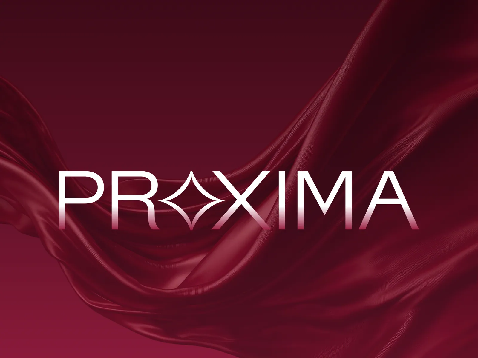 The Proxima wordmark on a deep red silk background