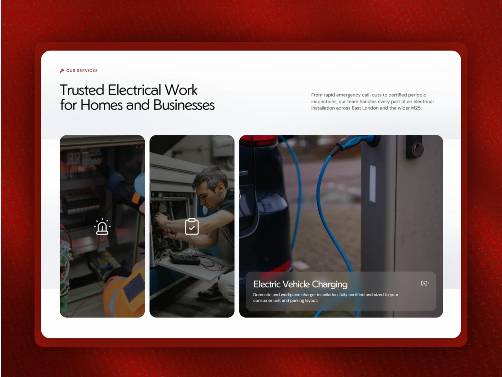 The services section covering emergency call-outs, inspections and EV charging